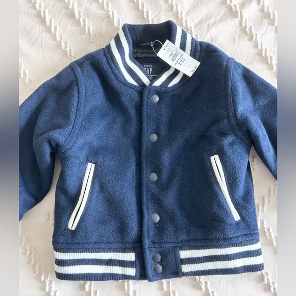 GAP Varsity Jacket Gal Fleece Fall Winter Jacket Navy Blue Wool Sz 18-24mo NWT - Picture 3 of 6